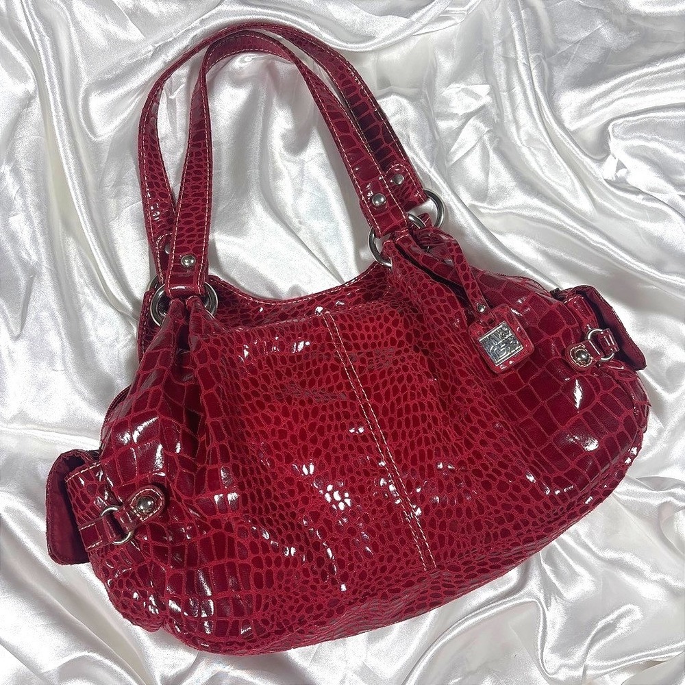 y2k Croc Embossed Shoulder Bag Burgundy Red Patent Hobo Purse